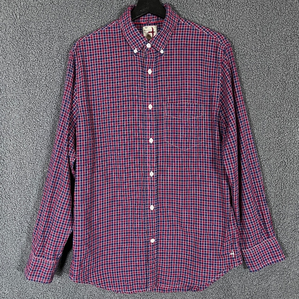 Relwen Seersucker Check Long Sleeve Button Down Shirt - Men's Size M - Red Blue